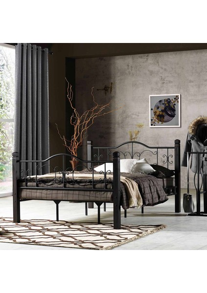 Yakamoz Çift Kişilik Ferforje Ahşap Metal Karyola 180x200 Siyah