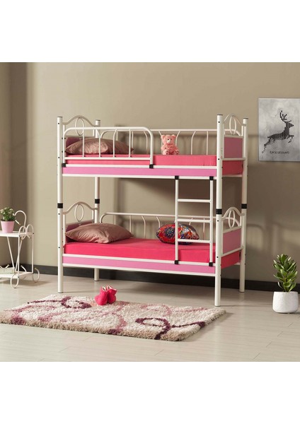 Zümrüt Bebek Çocuk Odası Ahşap Başlık Metal Ranza ve Karyola 70x130 Beyaz Pembe