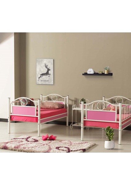 Zümrüt Bebek Çocuk Odası Ahşap Başlık Metal Ranza ve Karyola 70x130 Beyaz Pembe