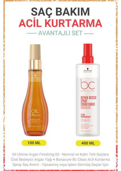 Schwarzkopf Bonacure Argan Finishing Oil - Besleyici Argan Yağı + Bc Clean Acil Kurtarma Sprey Saç Kremi