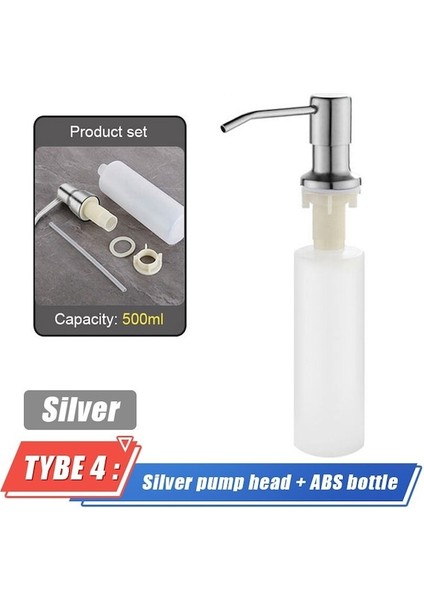 Type4 Gümüş Mutfak Lavabo Sabunluk Dahili Tasarım 500 ml Sıvı Sabun Şişesi Paslanmaz Çelik Kafa El Basın Dispenser Şişesi (Yurt Dışından)