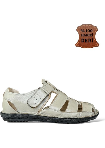 Erkek Hakiki Deri Cırtlı Sandalet Krem