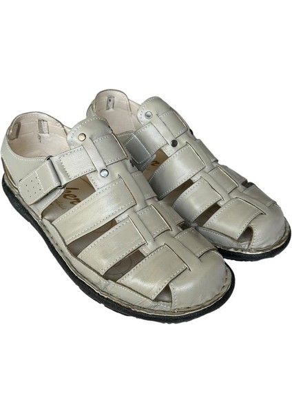 Erkek Hakiki Deri Cırtlı Sandalet Krem modelleri