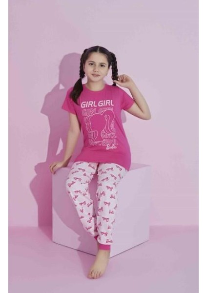 Kız Çocuk Barbie Baskılı Kısa Kol Garson Boy Pijama Takımı 2609