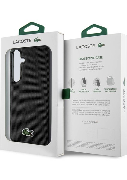 Galaxy S24 Kılıf Lacoste Lisanslı Pu Pike Desenli Arka Yüzey Ikonik Timsah Dokuma Logolu Kapak Siyah