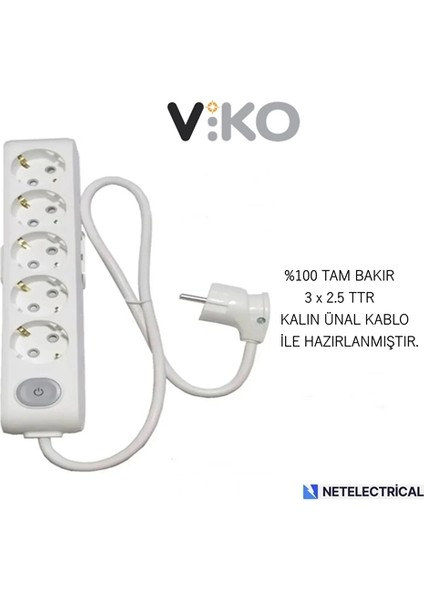Multi-Let 5'li 1 Metre Anahtarlı Topraklı Çocuk Korumalı Kablolu Grup Priz (3x2.5 Ttr Tam Bakır Kalın Kablolu)
