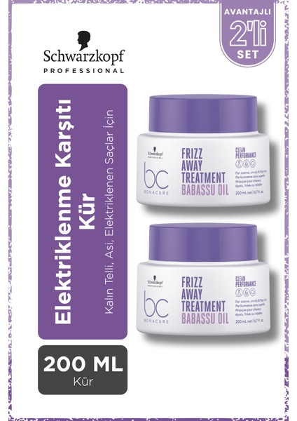 Schwarzkopf Bonacure Bc Clean Frizz Away Babassu Yağı Özlü Elektriklenme Karşıtı Kür 200ML x 2 Adet