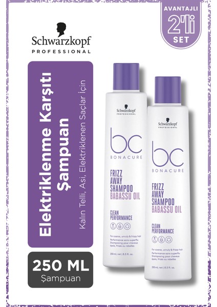 Schwarzkopf Bonacure Bc Clean Frizz Away Babassu Yağı Özlü Elektriklenme Karşıtı Şampuan 250ML x 2 Adet
