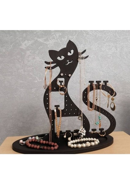Dekoratif Kedi Figürlü Takı Küpe Standı Lazer Kesim Ahşap Mdf Takıstandı