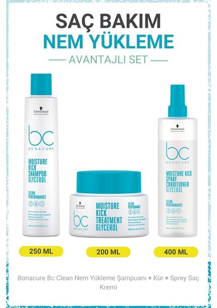 Schwarzkopf Bonacure Bc Clean Nem Yükleme Şampuanı + Kür + Sprey Saç Kremi - Kuru ve Kıvırcık Saçlar Için