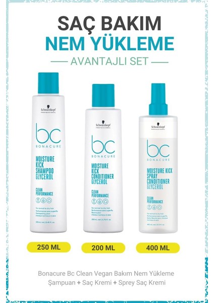 Schwarzkopf Bonacure Bc Clean Nem Yükleme Şampuanı + Saç Kremi + Sprey Saç Kremi - Kuru ve Kıvırcık Saçlar Için