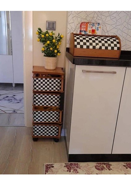 Dama Desenli Kare 4 Katlı Tekerlekli Çok Amaçlı Ahşap Patates Soğan Sepeti