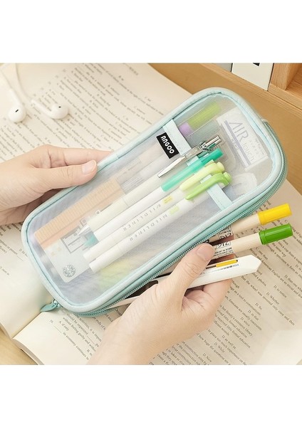 Fermuarlı Izgara Örgü Kalem Kalem Kutusu Şeffaf Makyaj Renkli Kılıfı Kozmetik Çantası Okul Genç Kız Şeffaf Kırtasiye Çantası Ofis Düzenleyici Kutusu-Yeşil (Yurt Dışından) fiyatları