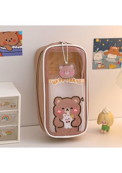 Heamor Kawaii Kalem Kutusu Şeffaf Pimli Kılıf Kolye Ucu Sevimli Estetik Ayı Tavşan Yavru Japon Karikatür Kırtasiye Düzenleyici Tutucu Çanta Malzemeleri Kahverengi Ayı - Pembe Tavşan (Yurt Dışından)