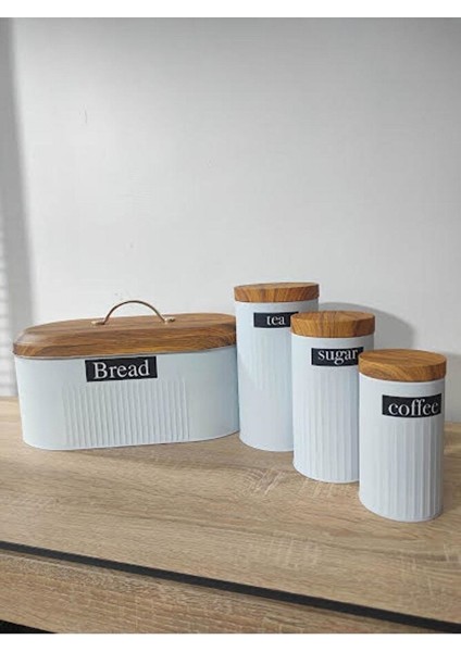 Bambu Kapak Görünümlü Metal Ekmeklik ve 3 Lü Kavanoz Seti-Beyaz fiyatları