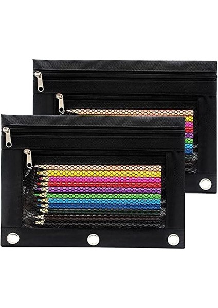 Kalem Kılıfı 3 Halkalı Cilt Kılıfı Fermuarlı Kalem Kutusu 2 Bölmeli Kanvas Kalem Çantası 2'li Set (Yurt Dışından)