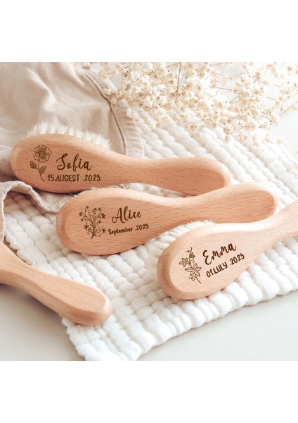 Kişiselleştirilmiş Bebek Saç Fırçası Kır Çiçekleri Kazınmış Ahşap Fırça ile Özel Ad Yenidoğan Bebek Duş Hediyeleri Bebek Saç Fırçası (Yurt Dışından)