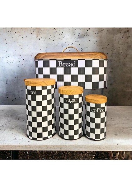 4'lü Metal Kavanoz Set Ekmeklik Sugar-Tea-Coffee Damalı