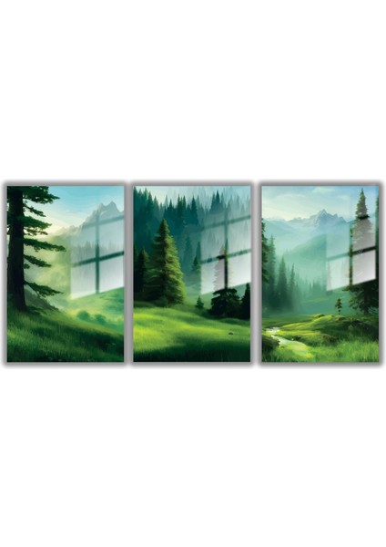 Temperli Gerçek Cam Tablo Seti Yeşil Orman Manzarası