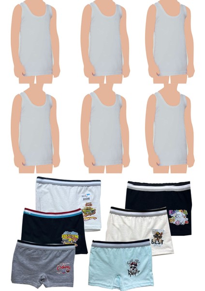 Belifanti Collection Erkek Çocuk Pamuklu 6'lı Gri Atlet 6'lı Karışık Renk Boxer 12 Parça Set