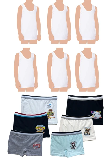 Belifanti Collection Erkek Çocuk Pamuklu 6'lı Beyaz Atlet 6'lı Karışık Renk Boxer 12 Parça Set