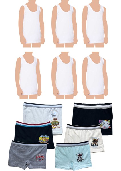 Erkek Çocuk Pamuklu 6'lı Beyaz Atlet 6'lı Karışık Renk Boxer 12 Parça Set