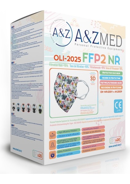 A&z Med Ffp2 N95 Çocuk Maskesi Telli ve Tek Tek Paketli 20 Adetlik 1 Kutu - Dinazor Desenli