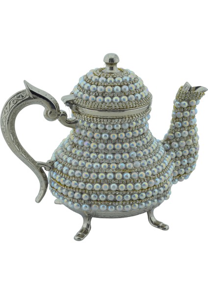 Dekoratif Inci ve Parlak Taşlı Gümüş Renk Demlik (18CMX22CM)