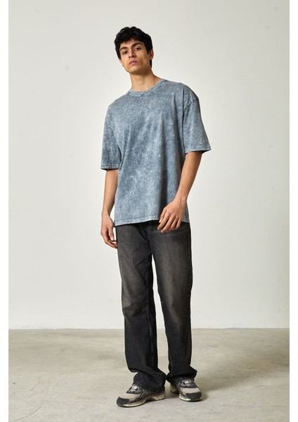 Oversize Yıkamalı Kısa Kol Erkek T-Shirt L - Gri