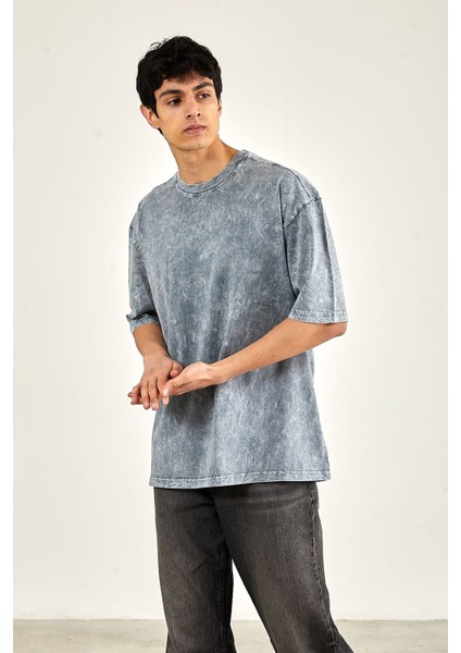 Oversize Yıkamalı Kısa Kol Erkek T-Shirt L - Gri fırsatları