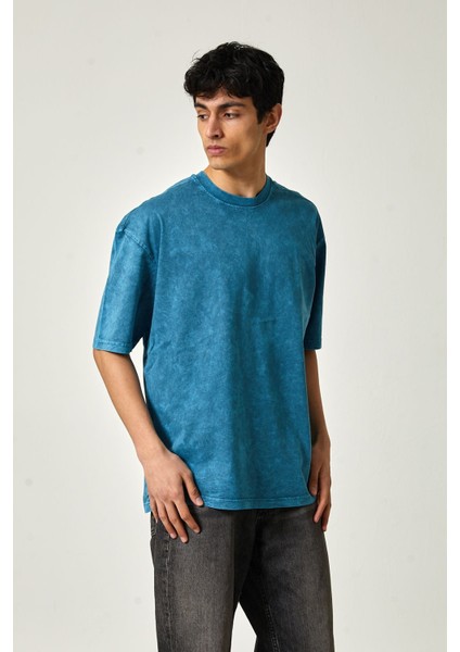 Oversize Yıkamalı Kısa Kol Erkek T-Shirt Xxl - Mavi