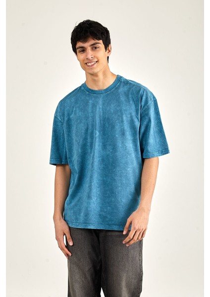 Oversize Yıkamalı Kısa Kol Erkek T-Shirt Xxl - Mavi fiyatları