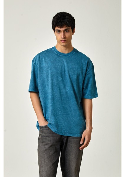 Oversize Yıkamalı Kısa Kol Erkek T-Shirt Xxl - Mavi modelleri