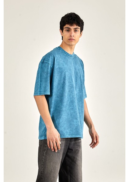 Oversize Yıkamalı Kısa Kol Erkek T-Shirt Xxl - Mavi fırsatları