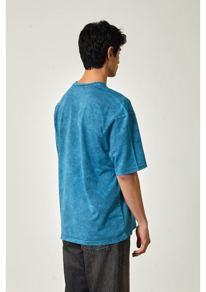 Oversize Yıkamalı Kısa Kol Erkek T-Shirt Xxl - Mavi indirimleri