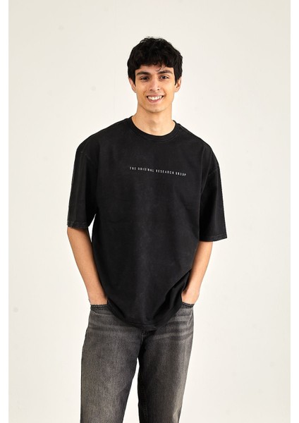 Yıkamalı Oversize Baskılı Kısa Kol Erkek T-Shirt L - Siyah modelleri