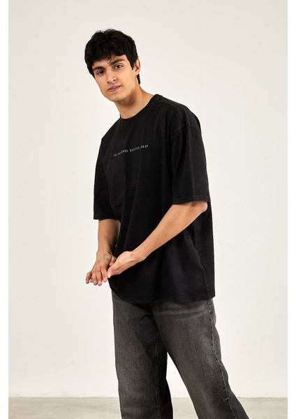 Yıkamalı Oversize Baskılı Kısa Kol Erkek T-Shirt L - Siyah fırsatları