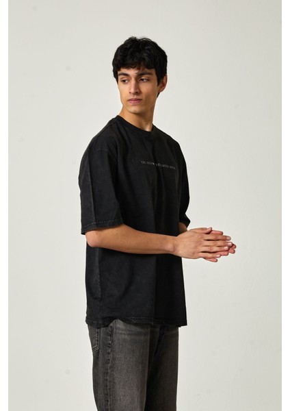Yıkamalı Oversize Baskılı Kısa Kol Erkek T-Shirt L - Siyah indirimleri
