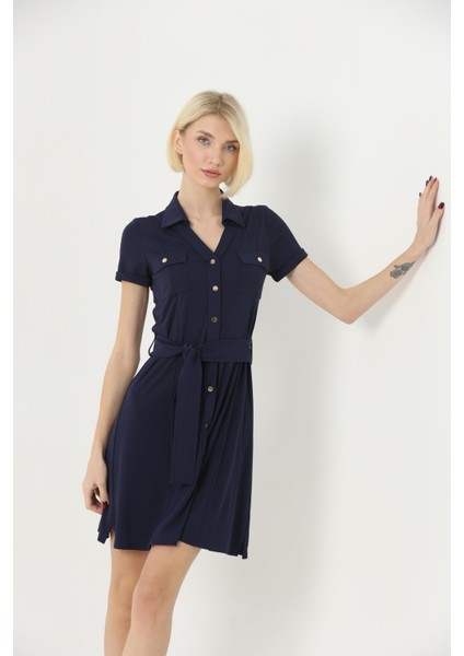 Kadın Önden Çıtçıtlı Kısa Kollu Kemerli Gömlek Yaka Midi Elbise