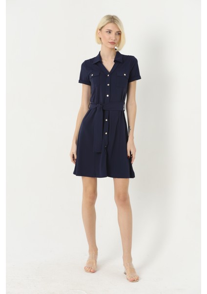 Kadın Önden Çıtçıtlı Kısa Kollu Kemerli Gömlek Yaka Midi Elbise fiyatları