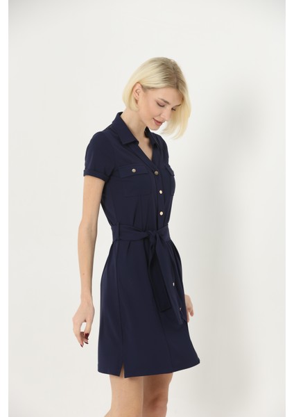 Kadın Önden Çıtçıtlı Kısa Kollu Kemerli Gömlek Yaka Midi Elbise fırsatları