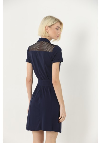 Kadın Önden Çıtçıtlı Kısa Kollu Kemerli Gömlek Yaka Midi Elbise indirimleri