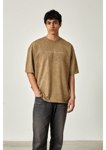 Yıkamalı Oversize Baskılı Kısa Kol Erkek T-Shirt M - Bej