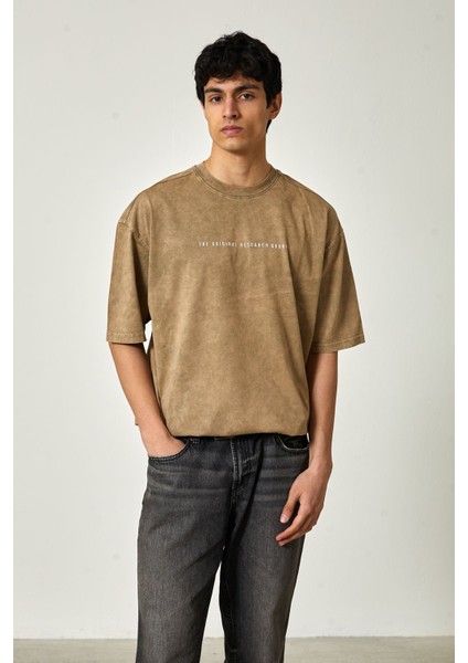 Yıkamalı Oversize Baskılı Kısa Kol Erkek T-Shirt M - Bej indirimleri