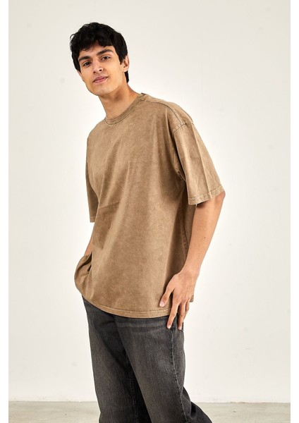 Oversize Yıkamalı Kısa Kol Erkek T-Shirt L - Bej modelleri