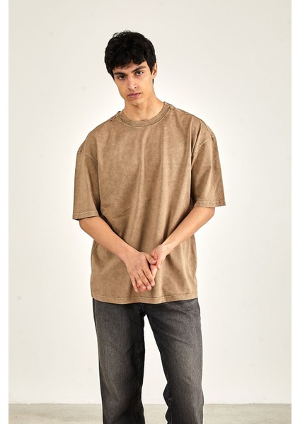 Oversize Yıkamalı Kısa Kol Erkek T-Shirt L - Bej indirimleri
