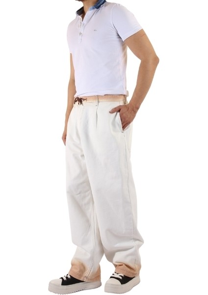 Indigo White Kahverengi Bel - Paça - Cep Detaylı Beyaz Wide Leg Pantolon