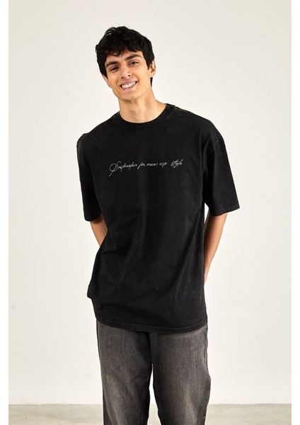 Yıkamalı Oversize Baskılı Kısa Kol Erkek T-Shirt M - Siyah