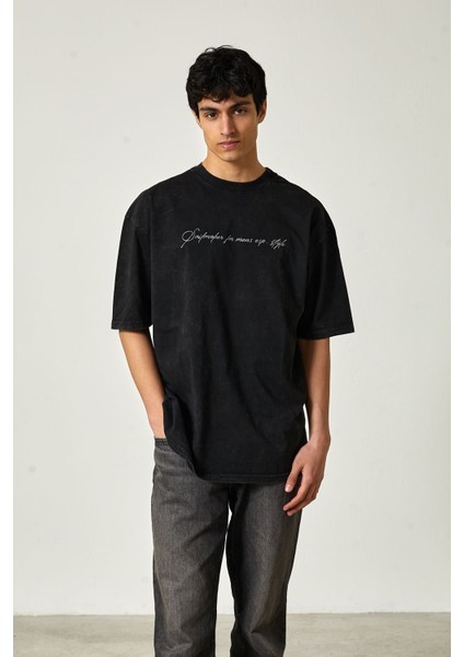 Yıkamalı Oversize Baskılı Kısa Kol Erkek T-Shirt M - Siyah fiyatları