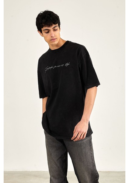 Yıkamalı Oversize Baskılı Kısa Kol Erkek T-Shirt M - Siyah modelleri